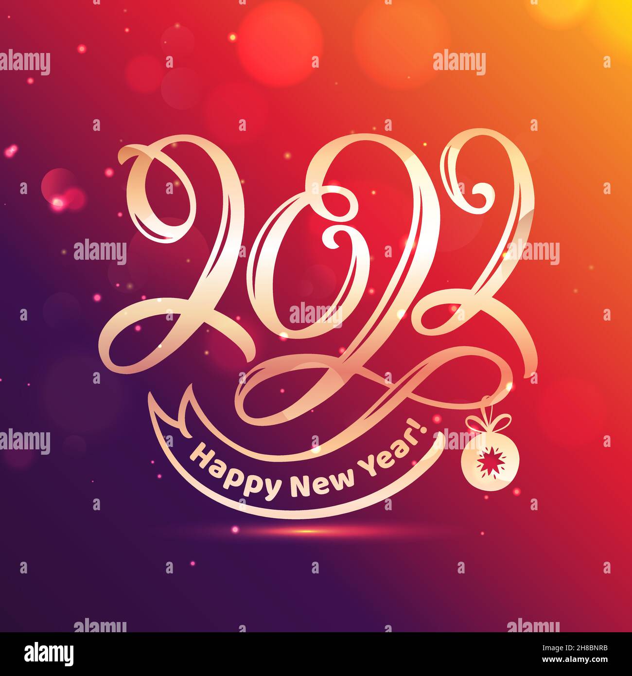 Glückwunschkarte zum neuen Jahr mit handbeschriftetem Schriftzug 2022. Festliches Banner mit goldenen handgeschriebenen Figuren und farbenprächtiger Hintergrundfarbe. Vektor Stock Vektor