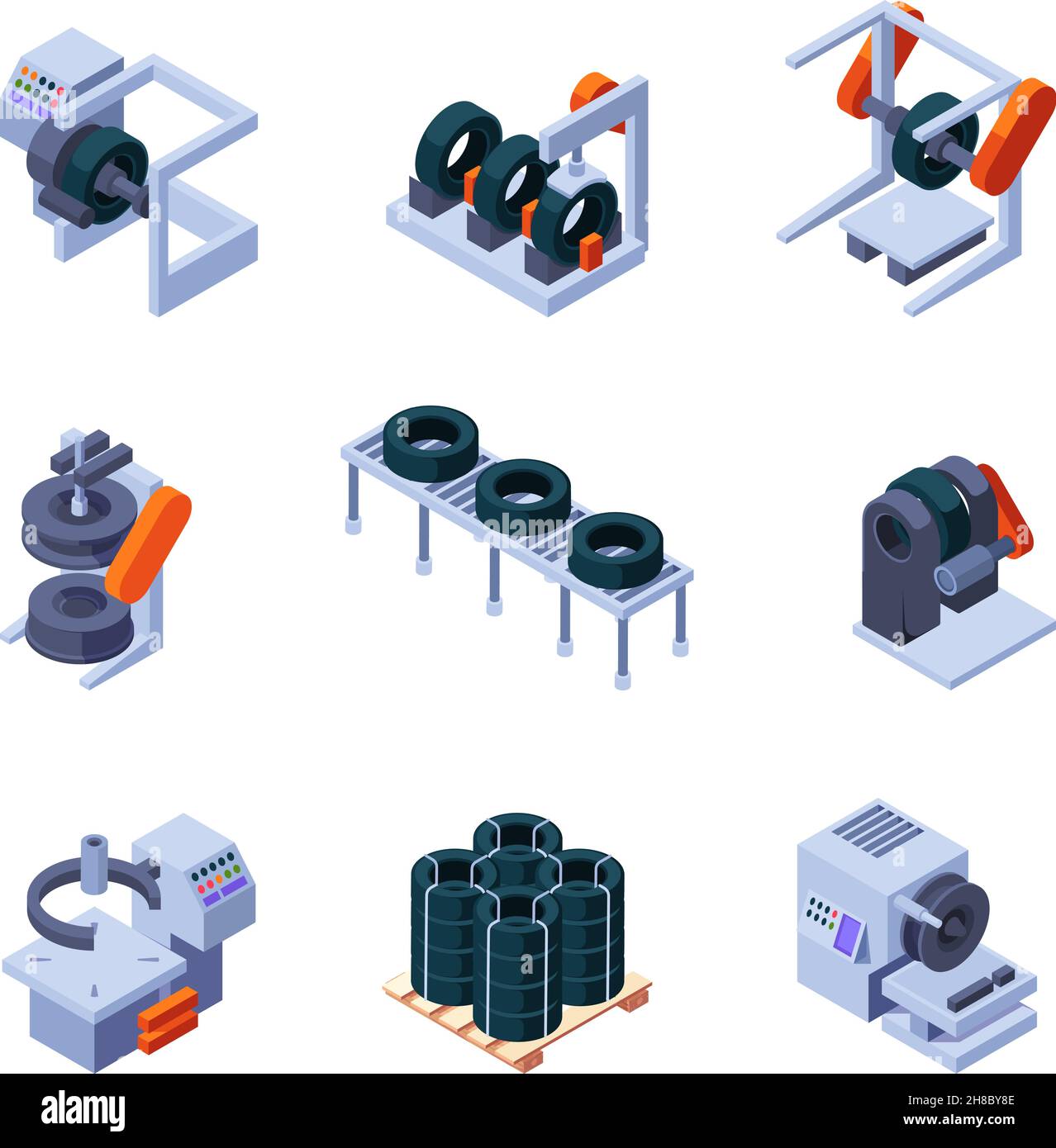 Reifen machen. Isometrischer Techniker verarbeitet Maschinen Stahlindustrie Reifen Produktionstechnologie grellen Vektor intelligente Dienstleistungen Stock Vektor