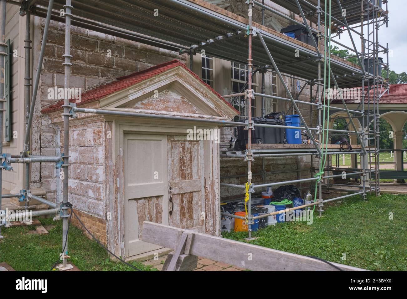 Renovierung, Restaurierung, Bauarbeiten an der Außenseite des Hauses. Im Anwesen von Präsident George Washington, Mount Vernon, in Virginia in der Nähe Stockfoto