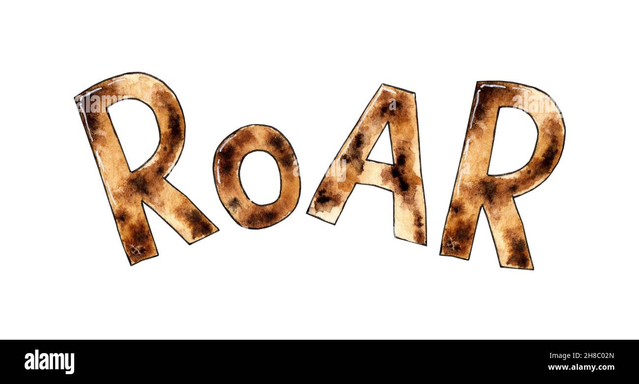 Roar Aquarell-Illustration eines brüllenden Tigerkubs. Cartoon Comics wütend Hund ​​barking Tier Sound-Effekt und Schriftzug. Isoliert über weißem Backgro Stockfoto