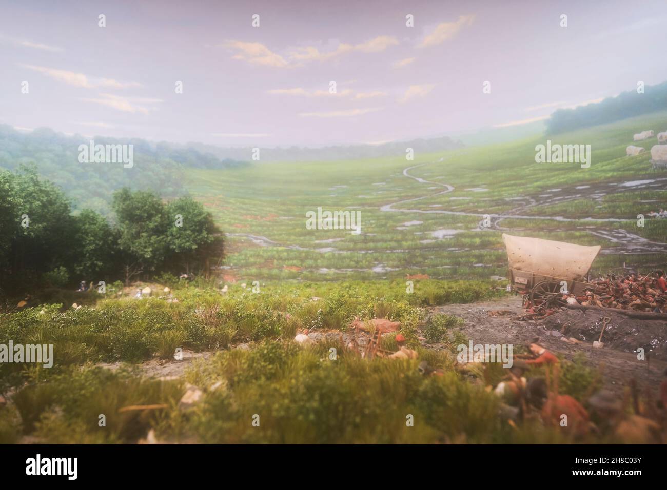 Ein Diorama, das Washingtons Verlust an die Franzosen und Indianer im Regen in Fort Nedurity darstellt. Im Anwesen von Präsident George Washington, Mount Ver Stockfoto