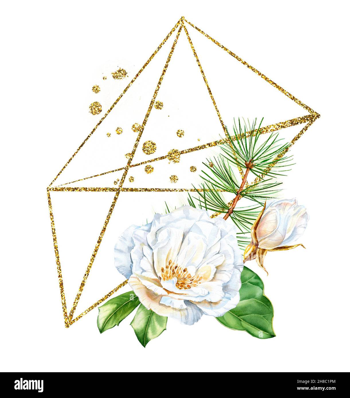 Aquarell-Weihnachtsstrauß mit Rosenblüte und goldenem Glitzerrahmen. Realistische Anordnung mit Kiefer und Glitter-Folie. Botanisch geblümt Stockfoto