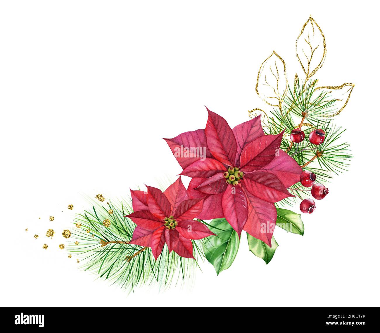 Aquarell-Bouquet mit roten Weihnachtssternen, goldenen Glitzerfloralen. Weihnachtsbogen mit Kiefer und Glitter-Folie. Botanische Blumendarstellung für Stockfoto