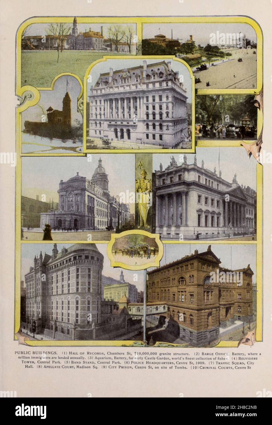ÖFFENTLICHE GEBÄUDE. (1) Hall of Records, Chambers Street, Granitstruktur $10.000.000. (2) Barge Office, Battery, wo jährlich eine Million Einwanderer angelandet werden. (3) Aquarium, Battery, ehemals Castle Garden, die beste Fischsammlung der Welt. (4 ) BELVIDERE Tower, Central Park. (S) Bandständer, Central Park. (6) Polizeipräsidium, Centre St, 1909. (7) Traffic Squad, Rathaus. (8) Apellate Court, Madison Square (9) Stadtgefängnis, Centre Street, auf dem Gelände der Gräber. (10) Criminal Courts, Centre St aus dem Buch "King's colour-graphen of New York City", das 1910 von M. King, inc. In New York veröffentlicht wurde Stockfoto