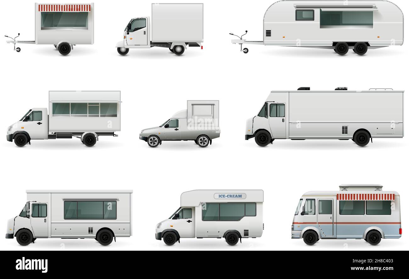 Food Trucks realistische Sammlung von isolierten Automobil-Bilder mit Anhänger LKW und verschiedene Karosserie-Design-Vektor-Illustration Stock Vektor