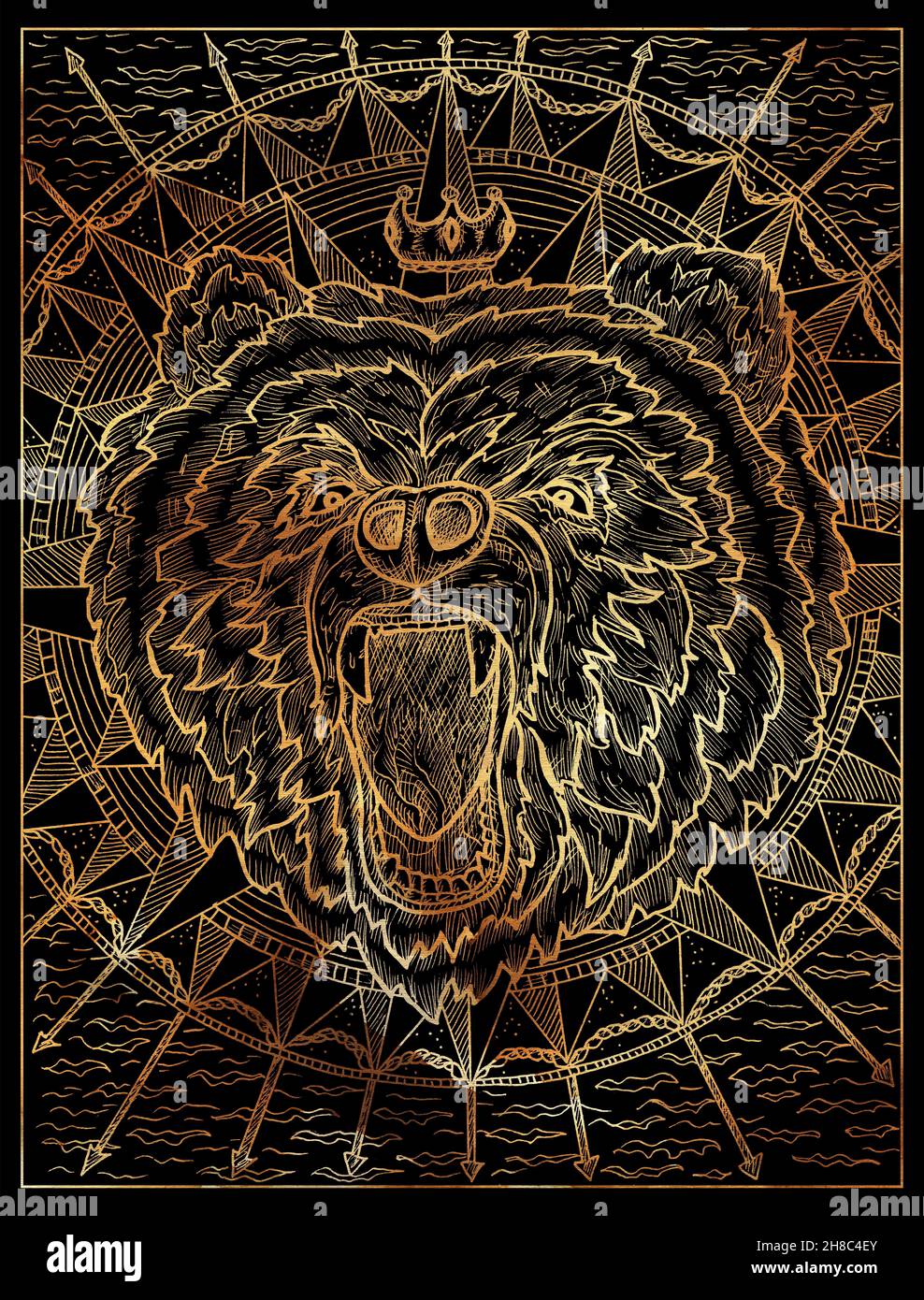 Schwarz-goldene Darstellung des Emblems mit Bärenkopf vor dem Hintergrund von Kompass und Meer. Vintage Zeichnungen, marine Konzept, Malbuch Seite, Stockfoto