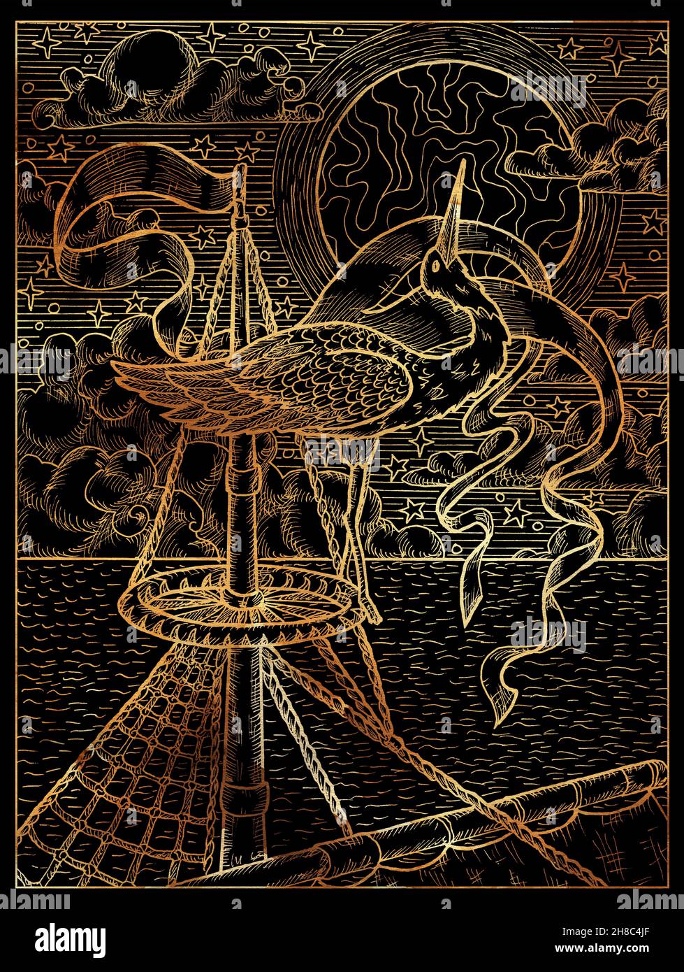 Schwarz-goldene Illustration eines eleganten Storchs im Nest auf Schiffsmast vor dem Hintergrund von Meer, Mond und Wolken. Vintage-Zeichnungen, marine concep Stockfoto