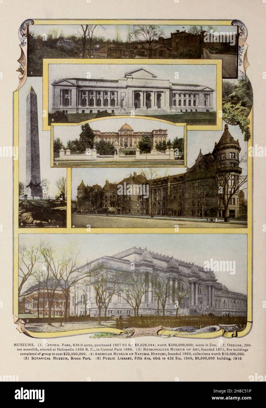 MUSEEN. (1) Central Park, 839,9 Hektar, 1857 63 für 5.028.844 US-Dollar gekauft; im Wert von 200.000.000 US-Dollar; Szene im Zoo. (2) Obelisk, 200 Tonnen Monolith, errichtet in Heliopolis 1500 v. Chr., im Central Park 1880. (3) Metropolitan Museum of Art, gegründet 1871, fünf Gebäude der Gruppe abgeschlossen, um 20.000.000 Dollar zu kosten. ,4) American Museum of Natural History, gegründet 1869, Sammlungen im Wert von 10.000.000 Dollar. (5) Botanisches Museum, Bronx Park. (6) Public Library, Fifth Ave, 40th to 42D Sts, 1849, $6.000.000 Building, 1910 aus dem Buch "King's colour-graphen of New York City" Veröffentlicht in New York von M. King, inc. Im Jahr 1910 Stockfoto
