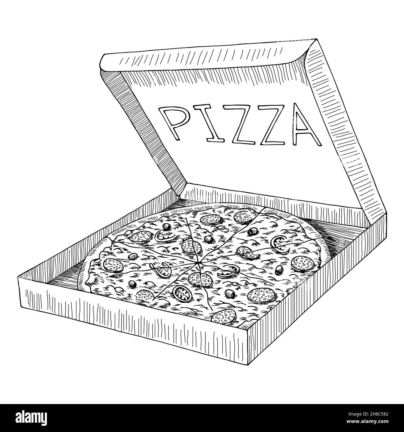 Pizza in Box Grafik Fast Food schwarz weiß Skizze isoliert Illustration Vektor Stock Vektor