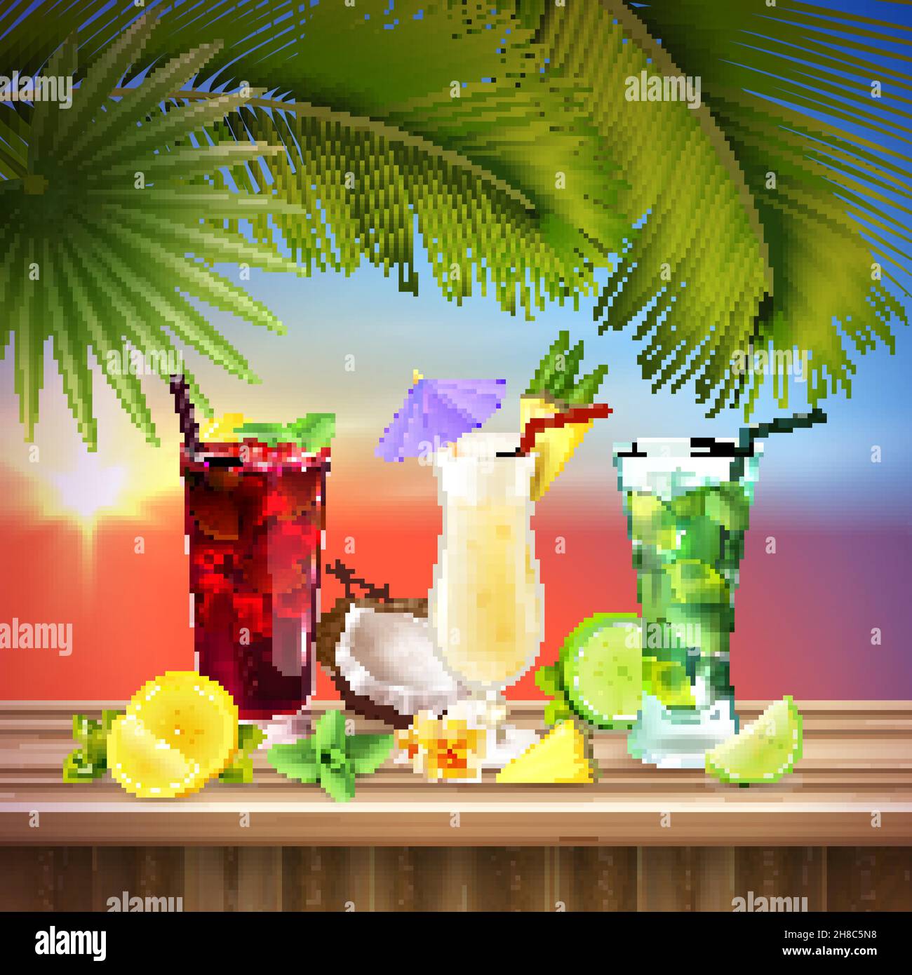 Cocktails Set realistische Zusammensetzung mit drei verschiedenen Geschmacksrichtungen von Alkohol Cocktail am Tisch Vektor-Illustration Stock Vektor