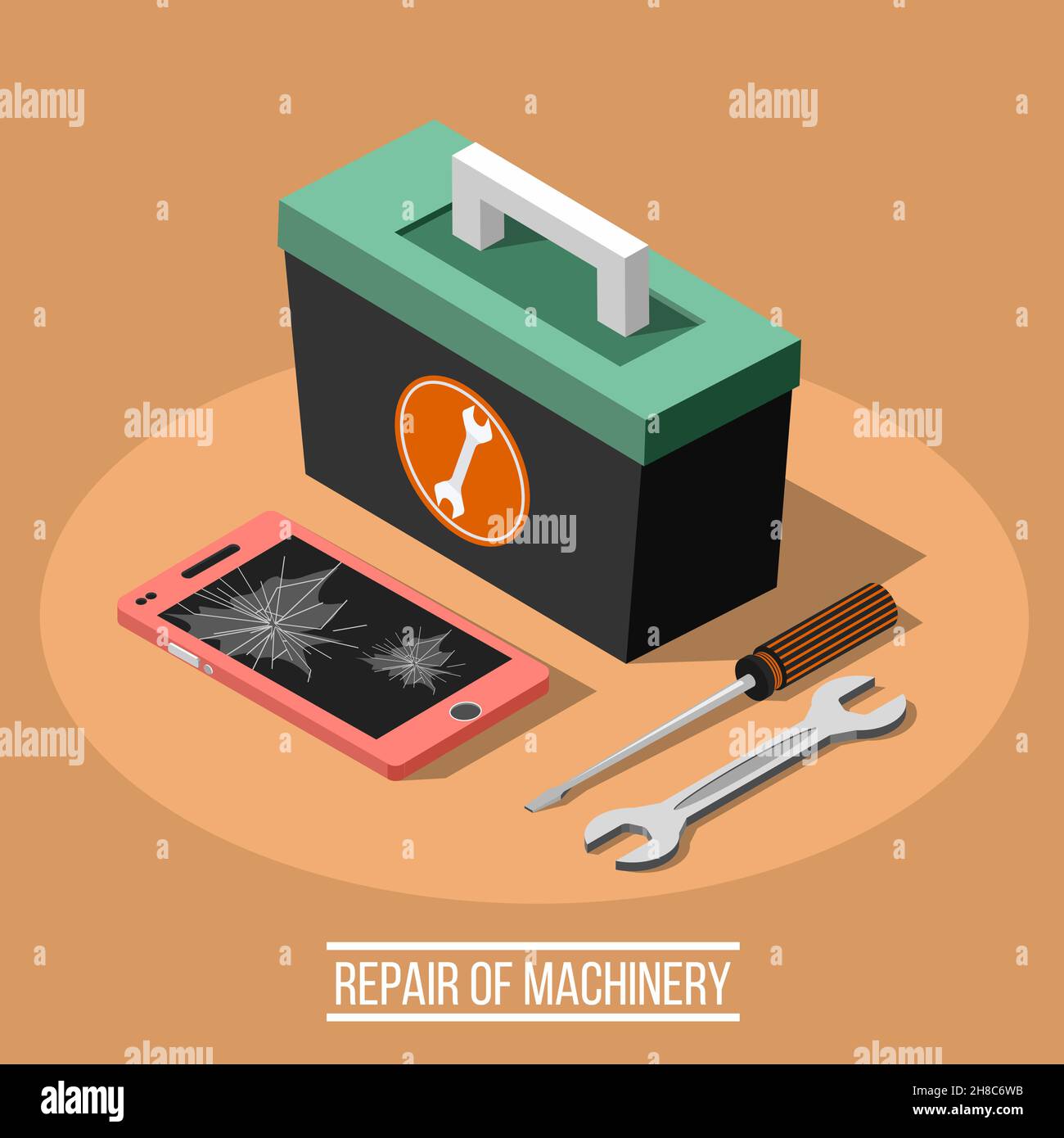 Reparatur von Maschinen isometrischen Design-Konzept Satz Schraubendreher Handy-Smartphone mit defekten Bildschirm und Toolbox Vektor-Illustration Stock Vektor