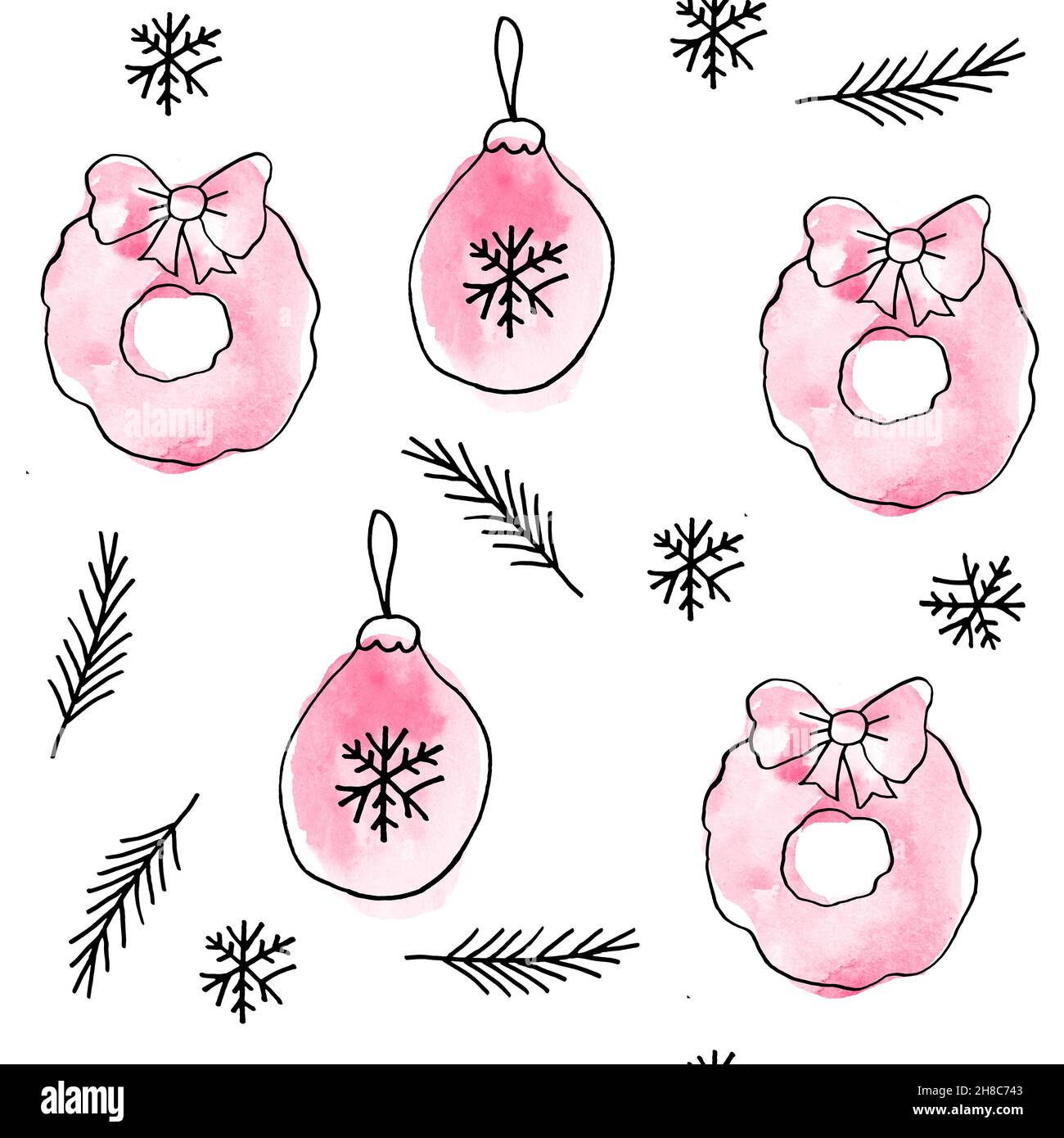 Aquarell nahtlose handgezeichnete Muster mit rosa Weihnachtselemente, moderne Boho Hintergrund mit erröten Girly Ornamente Schneeflocken Strümpfe abstrakte Formen, zum Einwickeln Papier Textil Party Dekoration Stockfoto