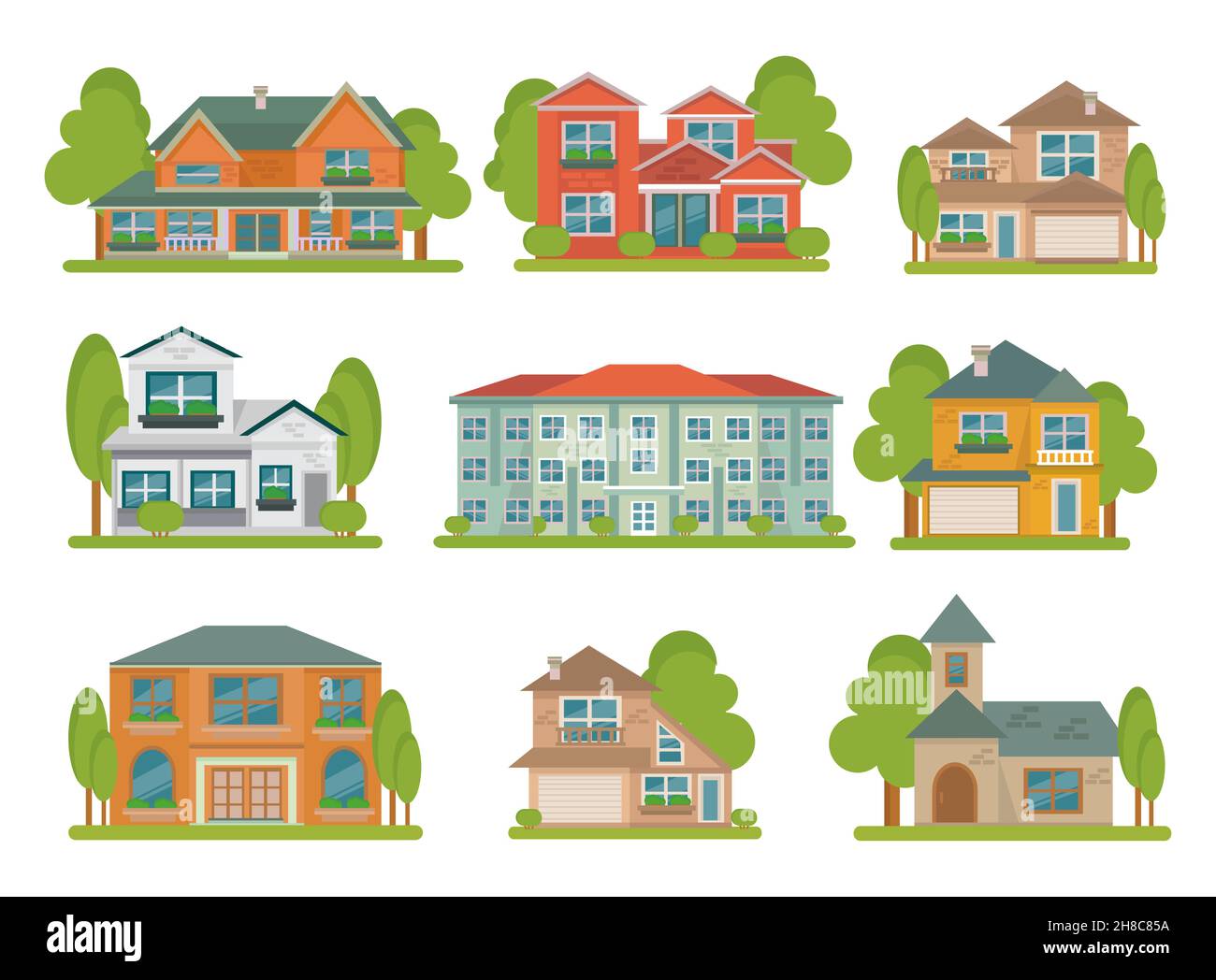 Isolierte farbige verschiedene Arten von Gebäuden flach Symbol mit gesetzt Grüne Bereiche um Vektordarstellung Stock Vektor
