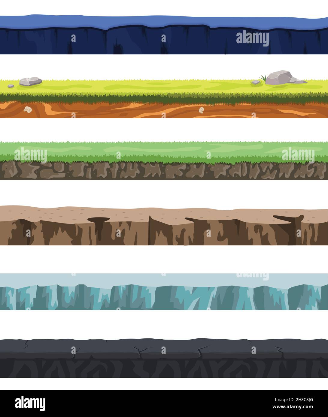 Nahtlose Böden mit verschiedenen Arten von Boden und Land gesetzt Für ui Game Design Vektor Illustration Stock Vektor