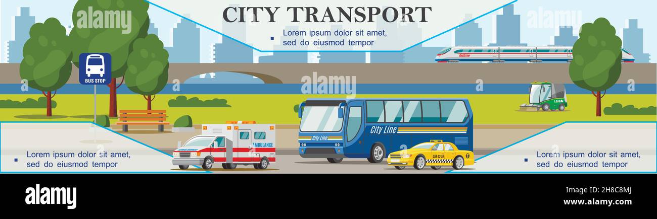 Flache Stadt Transport Hintergrund mit Krankenwagen Taxi Autos Bus Kehrmaschine Und Zug bewegen auf Brücke Vektor-Illustration Stock Vektor