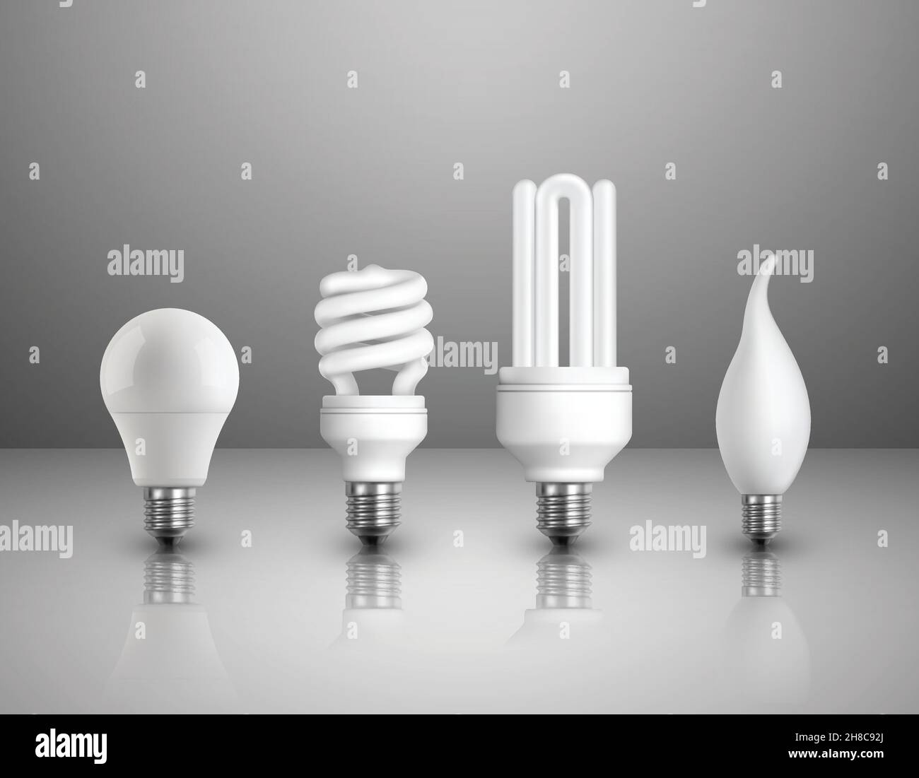 Realistische elektrische Glühbirnen Satz von verschiedenen Arten Konstruktionen und Formen Auf glänzendem Hintergrund isolierte Vektorgrafik Stock Vektor