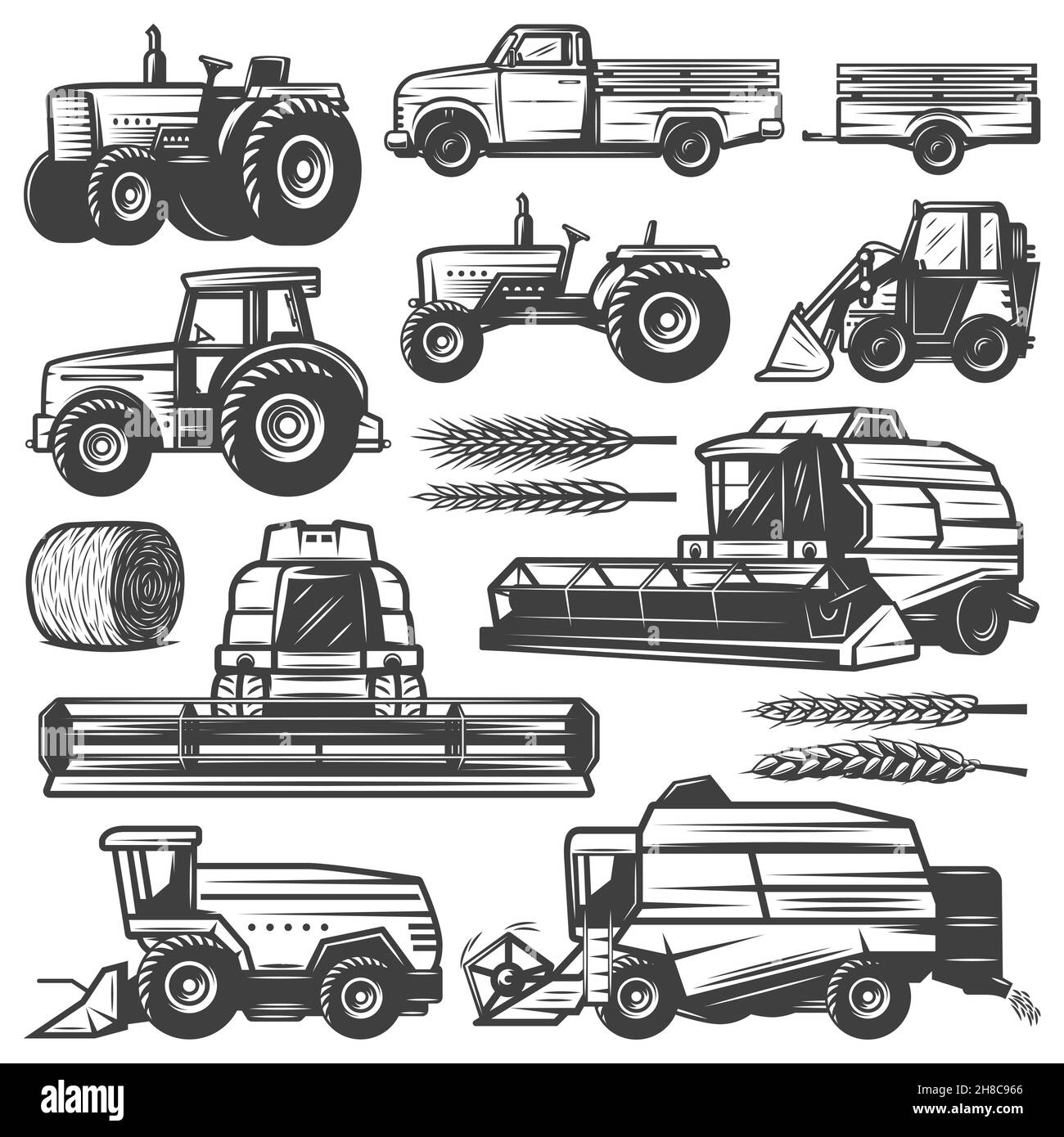 Vintage Ernte Transport Sammlung mit LKW-Traktoren Lader Mähdrescher Isolierte Vektorgrafik für Heuballen-Weizenohren Stock Vektor Vintage Ernte Transport Sammlung mit LKW-Traktoren Lader Mähdrescher Isolierte Vektorgrafik für Heuballen-Weizenohren Stock Vektor