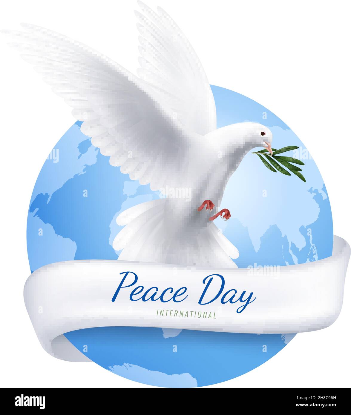 Weiße Taube Emblem mit Frieden Tag Symbole realistische Vektor-Illustration Stock Vektor