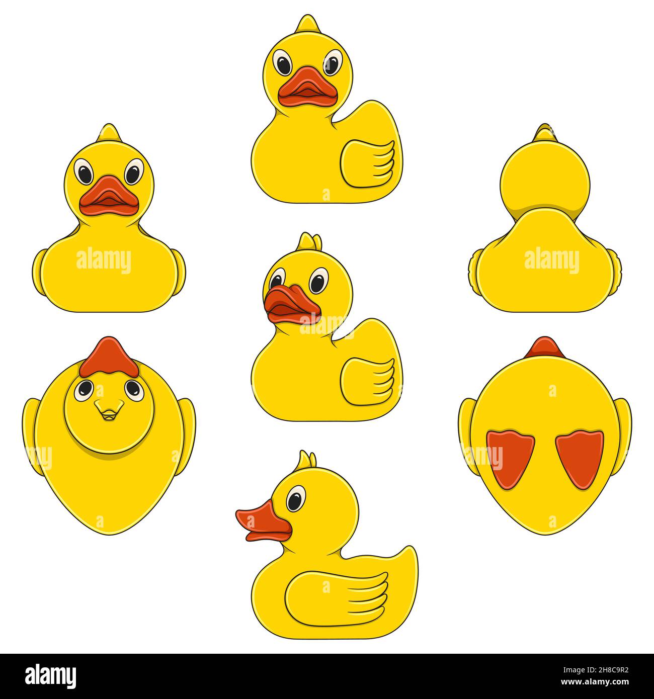 Set von farbigen Illustrationen mit Spielzeug gelbe Ente. Isolierte Vektorobjekte auf weißem Hintergrund. Stock Vektor