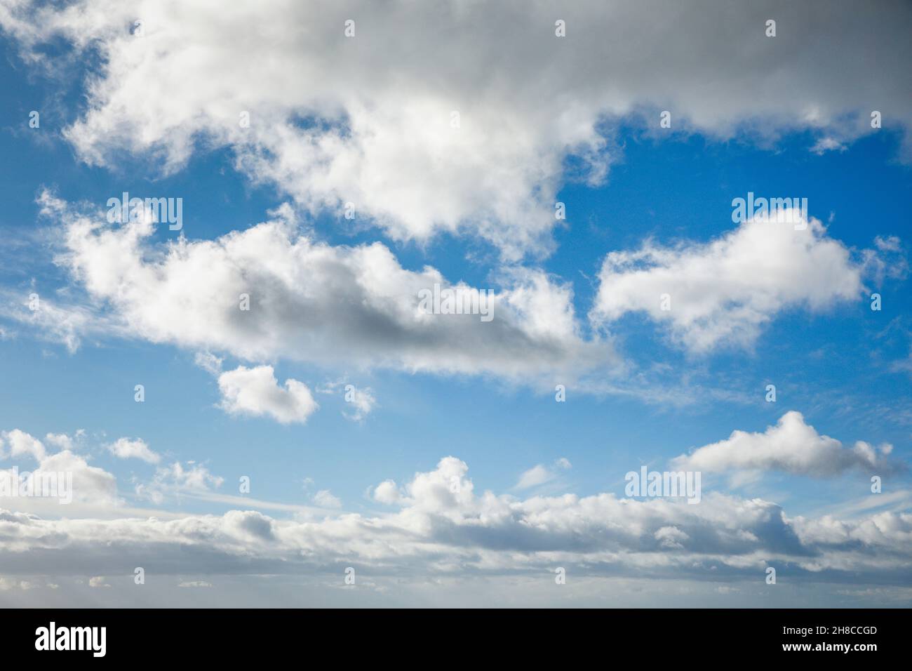 Flauschige Wolken, Schleierwolken und Kumuluswolken schmücken den blauen Himmel bei starken Winden, Schweiz Stockfoto