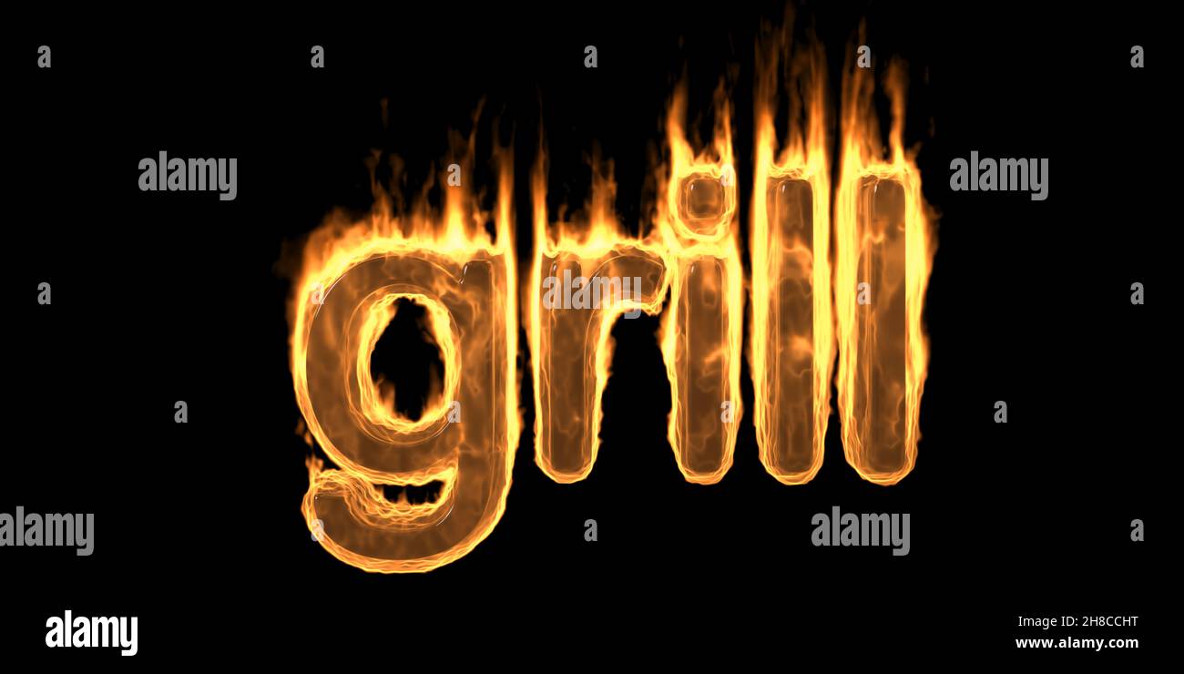 GRILL Feuer Flammen brennen Text, brennende Flamme Wort mit Rauch und feurigen Effekt. Heiß leuchtendes Designelement auf schwarzem Hintergrund isoliert. 3D Abbildung Stockfoto