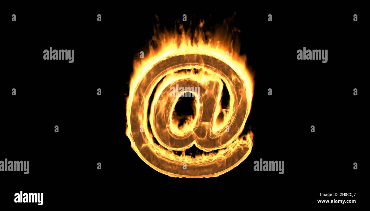 Brennendes E-Mail-Adressschild. Feuerflammen-Mail-Symbol mit Rauch und feuriger Wirkung. Glühend rote, brennende Schrift auf schwarzem Hintergrund. 3D illustrative Darstellung Stockfoto