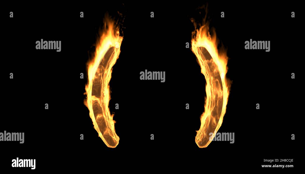 Brennendes Klammerzeichen. Feuerflamme, runde Klammern, Symbol mit ...