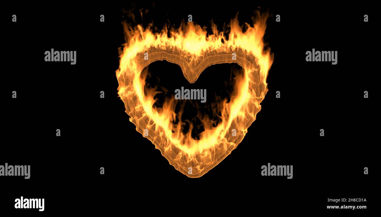 Feuerherz flammendes Zeichen. Liebe und Leidenschaft, Vorlage für die Valentinskarte. Design-Element für brennende Flamme auf schwarzem Hintergrund isoliert. 3D Abbildung Stockfoto