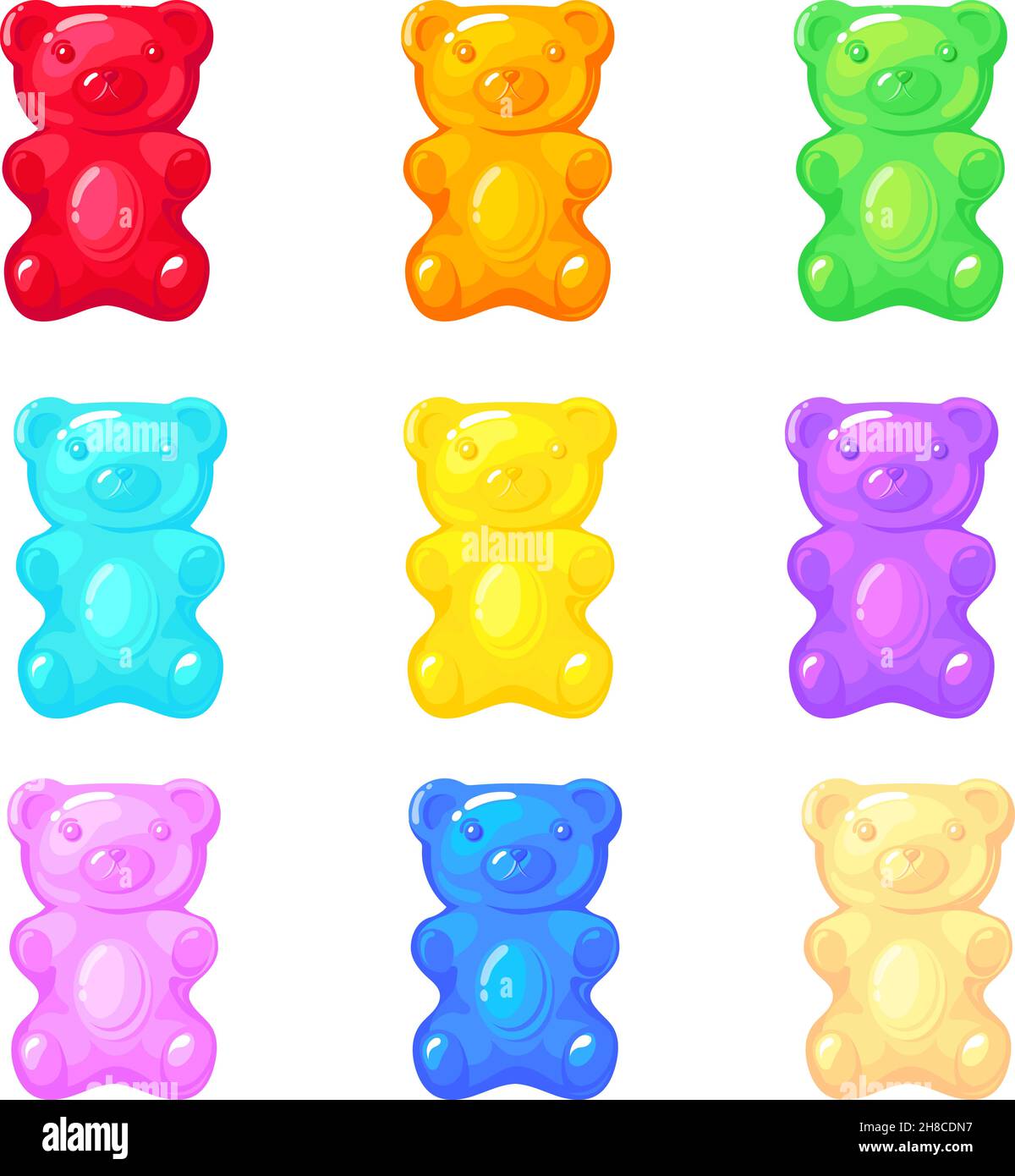 Gummibären. Fruchtbonbons für Baby, Zuckermarmelade für Kinder, süßes, niedliches Essen, Cartoon nette Vektorgrafik. Sammlung von Süßigkeiten Obst Bär Gelee Süßwaren Stock Vektor