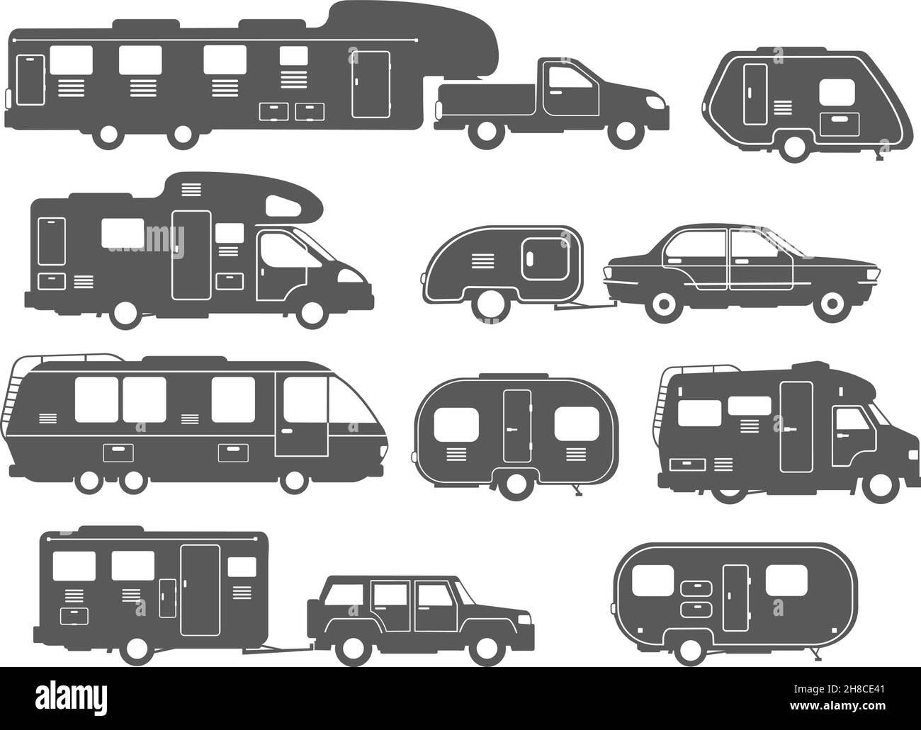 Wohnmobil-Silhouetten. Wohnmobil, Wohnmobil, Wohnmobil, Wohnmobil, Anhänger für Camping, Wohnmobil, Reisefahrzeug, isolierte Vektorgrafik einstellen. Fahrzeug Auto van Silhouette, Reise Wohnmobil nach Hause Stock Vektor
