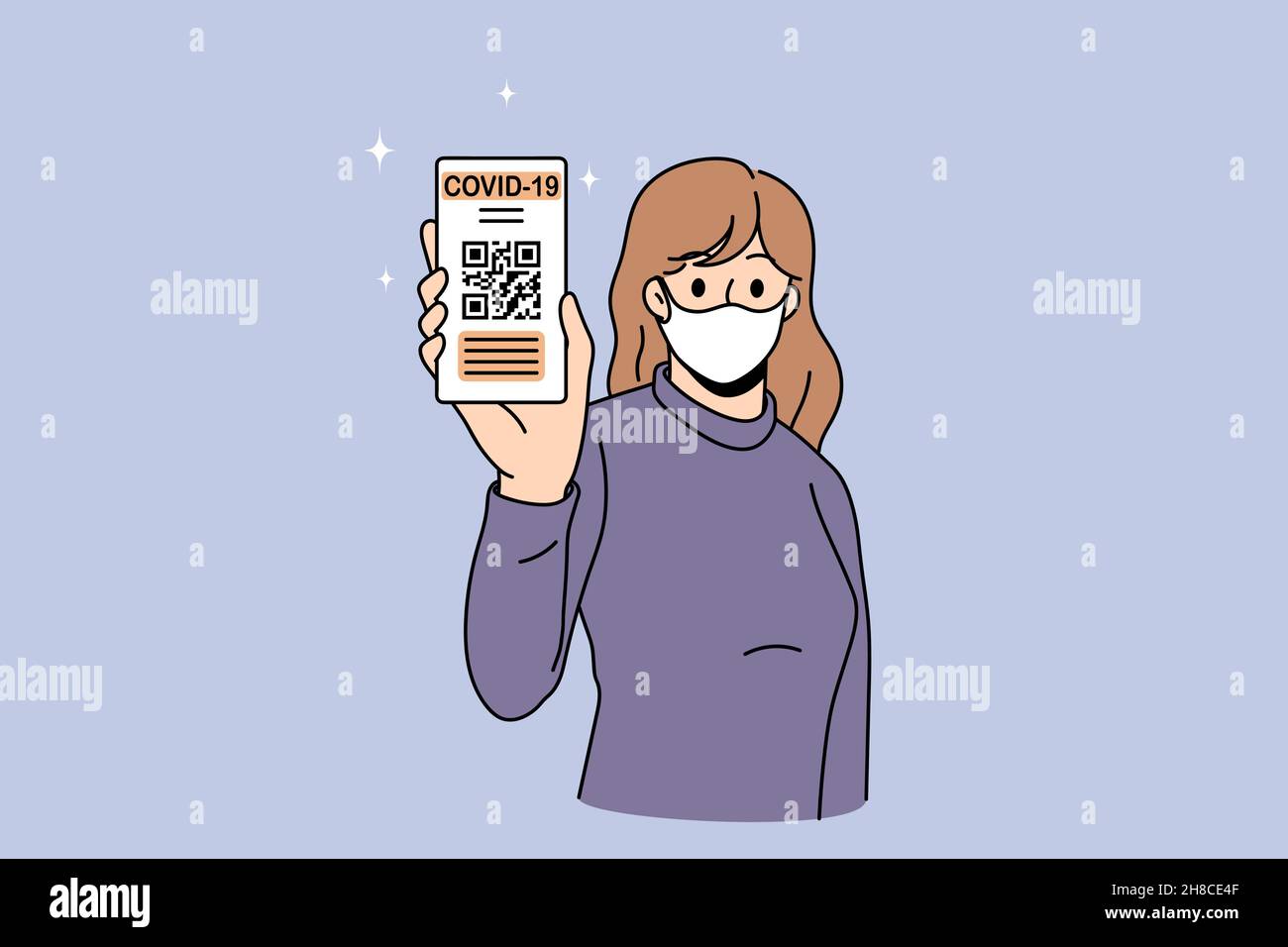 Junge Frau im Gesichtsmask halten Smartphone zeigen Immunität Pass auf dem Bildschirm. Weibliche Klientin in Gesichtsmaske demonstriert covid-19 Impfpass auf Handy. Corona-Virus. Vektorgrafik. Stock Vektor
