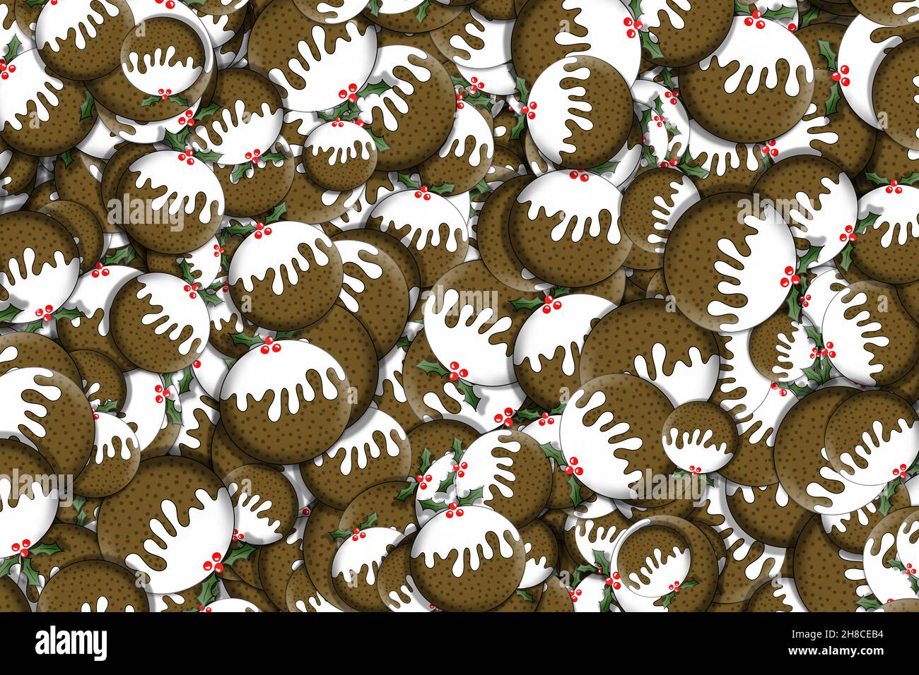 3D Hintergrunddarstellung von eisgekühlten Weihnachtsdichtungen, die mit Stechpalme und Beeren verziert sind Stockfoto