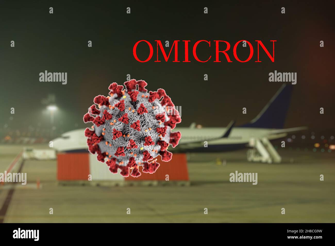 Omicron SARS Mutation Variante B.1.1.529 Reiseflugbeschränkungen Konzept. COVID-19-Virusillustration vor dem Hintergrund von unfokussieren Flugzeugen Stockfoto