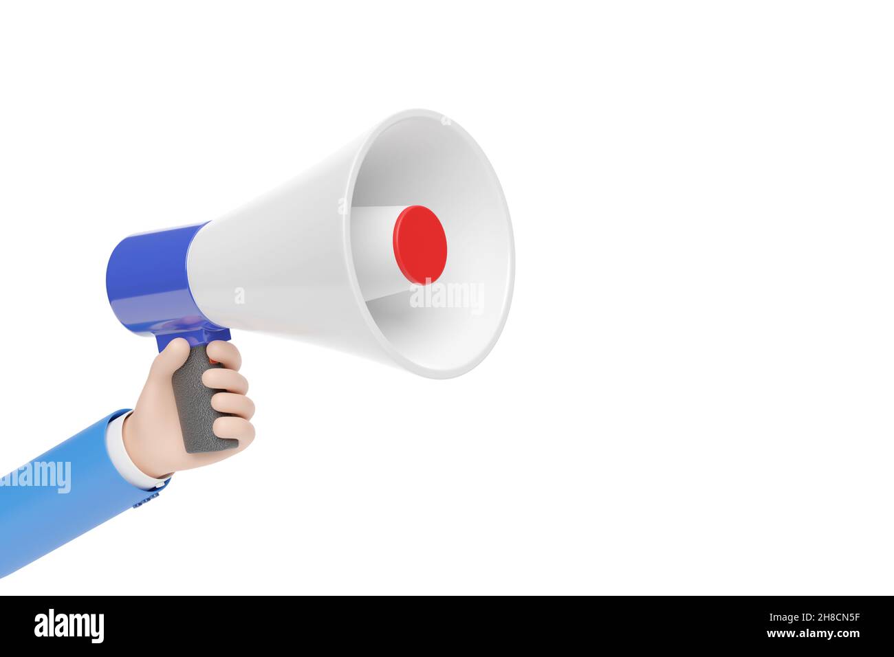 Cartoon Hand hält ein Megaphon isoliert auf weißem Hintergrund. 3D Abbildung. Stockfoto