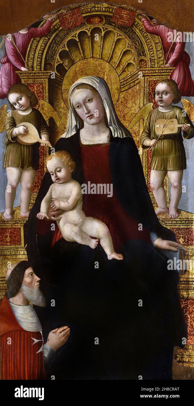 'Madonna des Sieges', Triptychon von Giovanni Barbagelata, 1503. Die Jungfrau ist mit Pierre d 'Aubusson und St. Johannes der Täufer und St. Pantaleone sind auf ihren Seiten vertreten. Italien, Italienisch. Genua, das Diözesanmuseum: Stockfoto