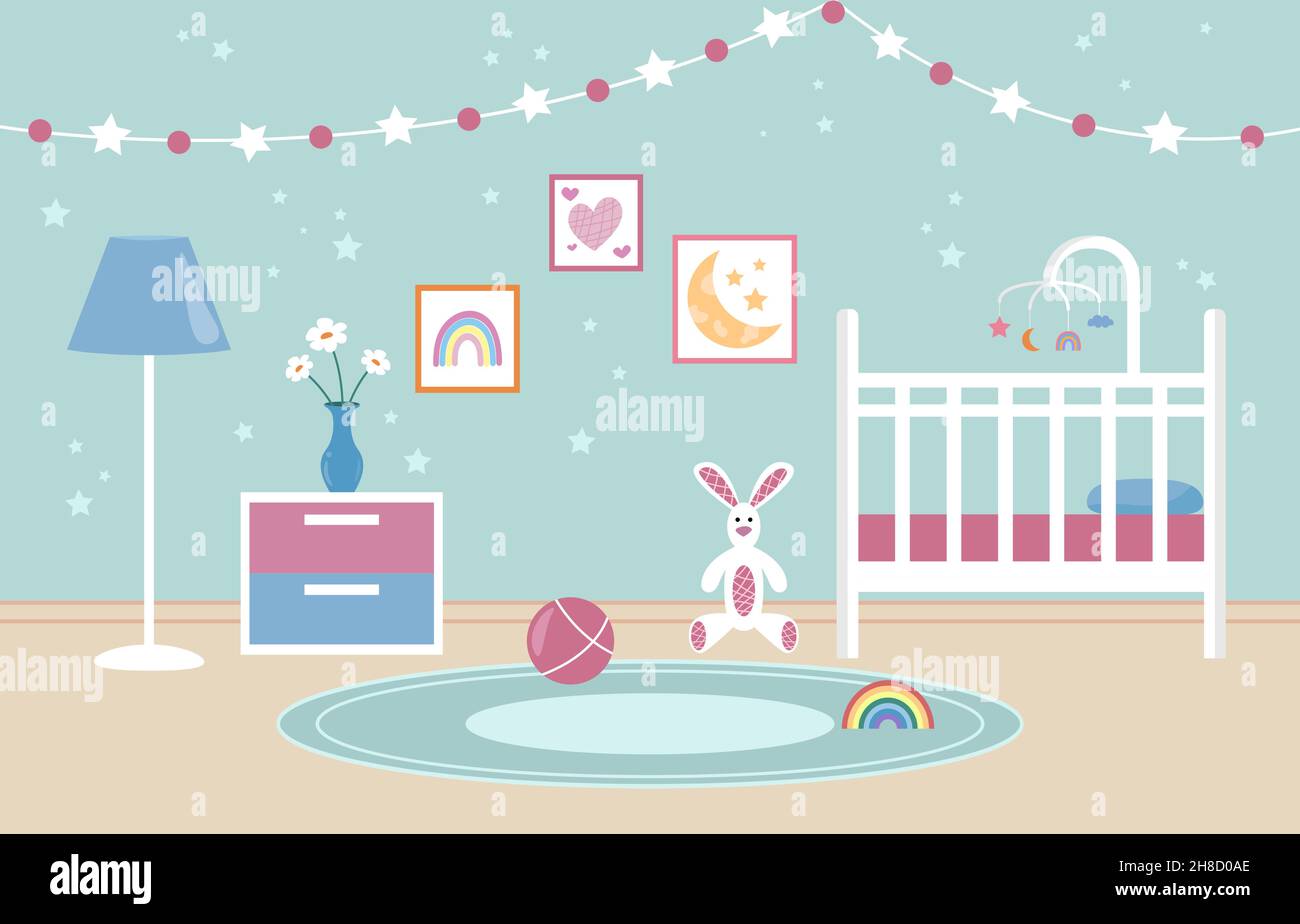 Babyschlafzimmer innen. Kinderzimmer. Leere weiße Babykrippe mit Karussell für Kinder. Dekorationen an der Wand und Spielzeug auf dem Boden. Vektorgrafik flach. Stock Vektor