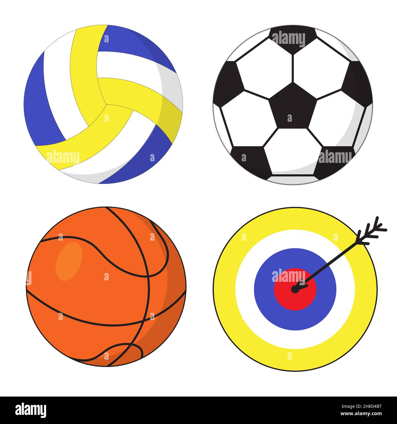 Satz von Sportausrüstung. Volleyball, Fußball oder Fußball und Basketballbälle. Ziel für Darts mit Pfeil in der Mitte. Erreichen eines Ziels und Stock Vektor