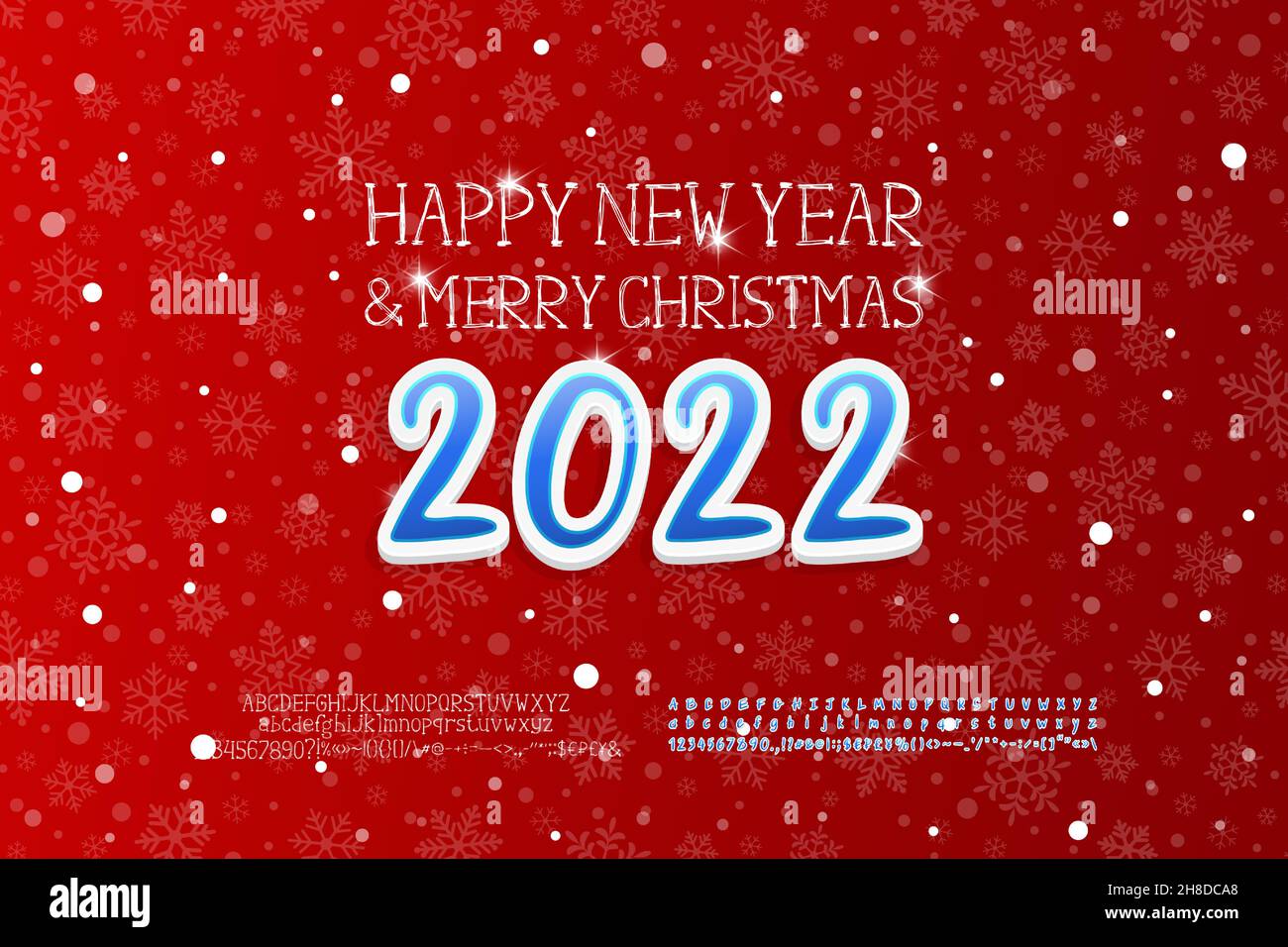 Weihnachtsplakat Frohes neues Jahr und Frohe Weihnachten. Roter Hintergrund mit Schneeflocken-Muster. Handgezeichnete Skizzenbuchstaben und Karikaturenzahlen. Zwei Sätze von Stock Vektor