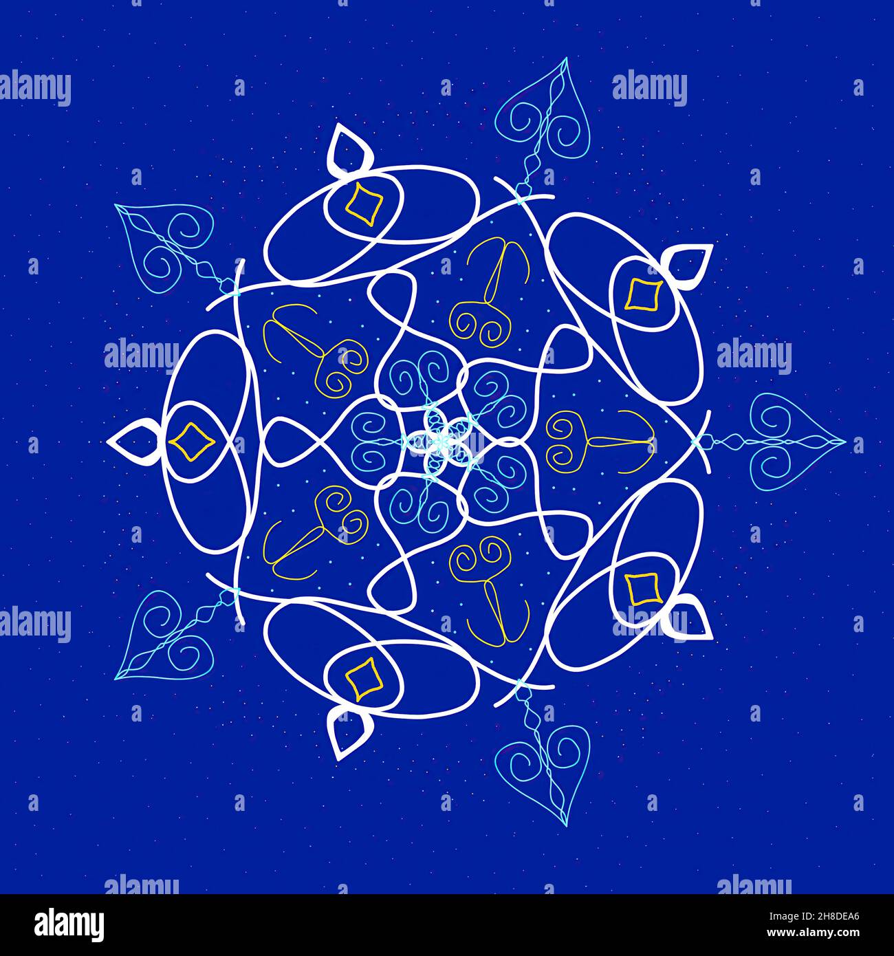 Abstraktes buntes Muster auf blauem Hintergrund. Traditionelle festliche Heiligabend, Silvester Feier Dekoration Design Symbol. Stockfoto