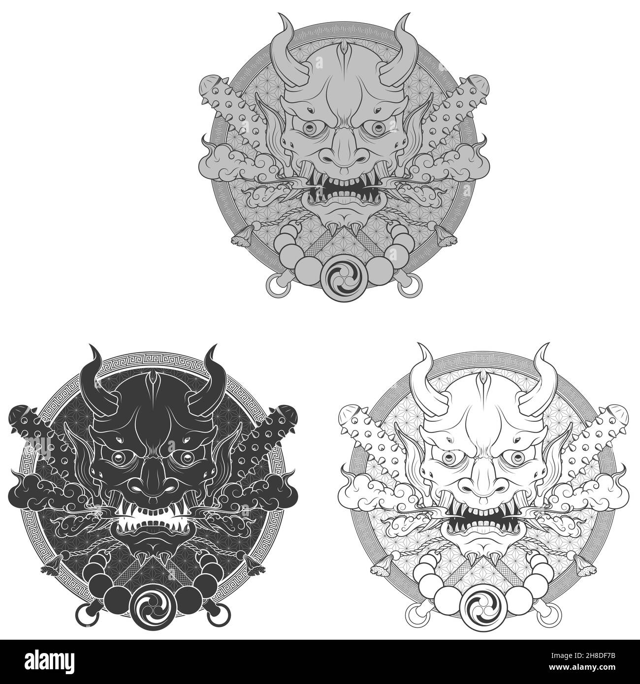 Hannya Maske Vektor Design, japanischer Oni Dämon mit Kanabo und tomoe Symbol Stock Vektor