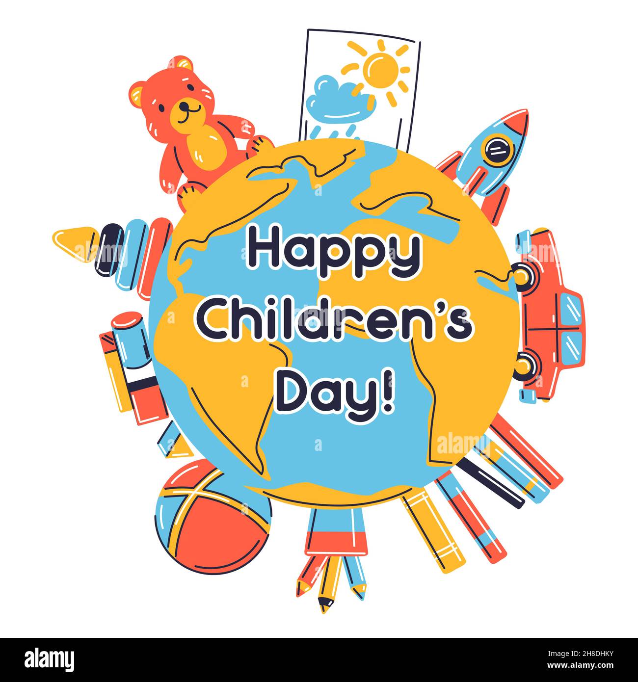 Happy Children Tag Grußkarte. Illustration der Erde mit verschiedenen Kinderspielzeug. Stock Vektor