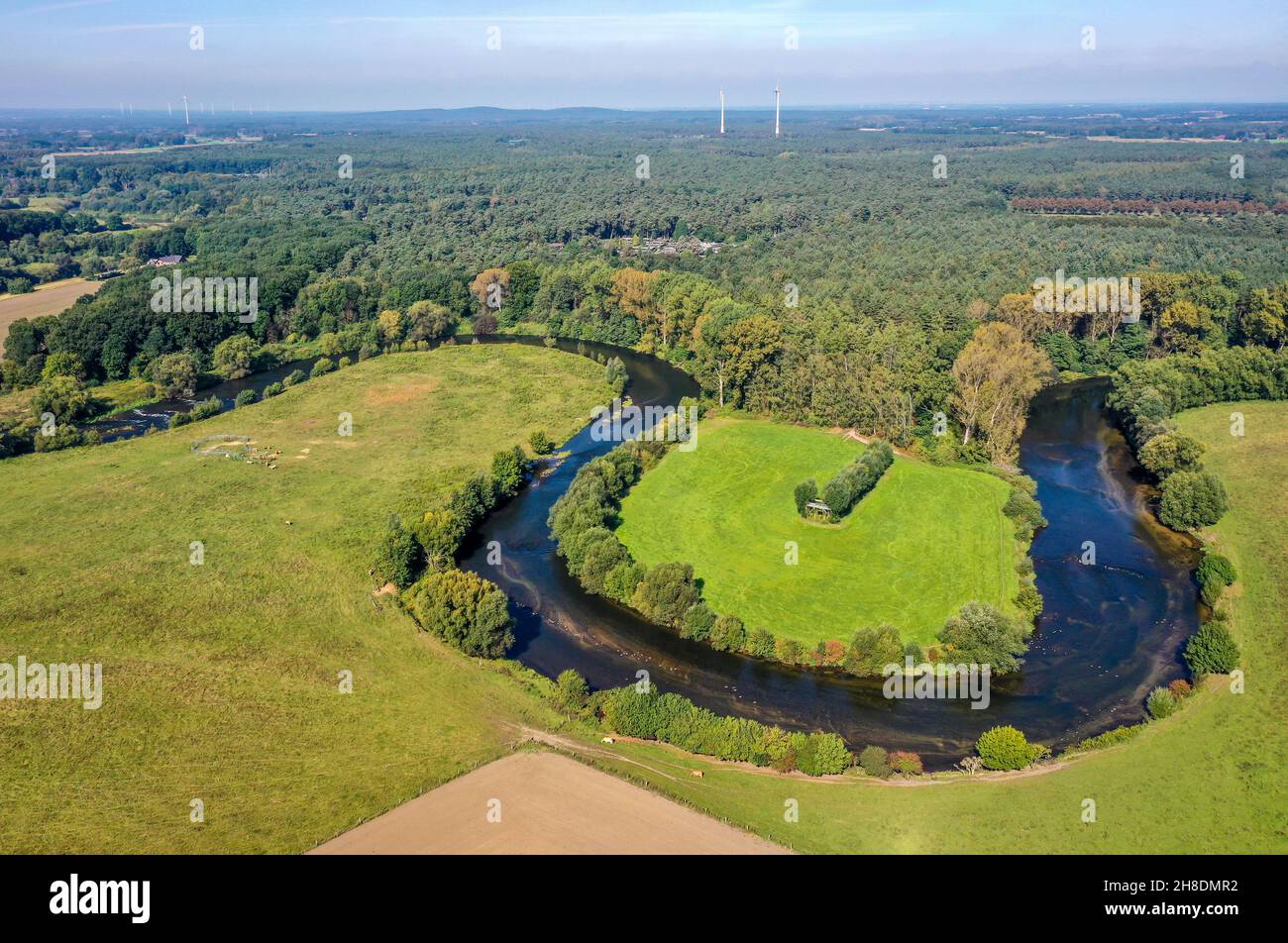 Datteln, Nordrhein-Westfalen, Deutschland - Lippe, Fluss- und Auenentwicklung der Lippe bei Haus Vogelsang, hier eine naturnahe Flusslandschaft Stockfoto