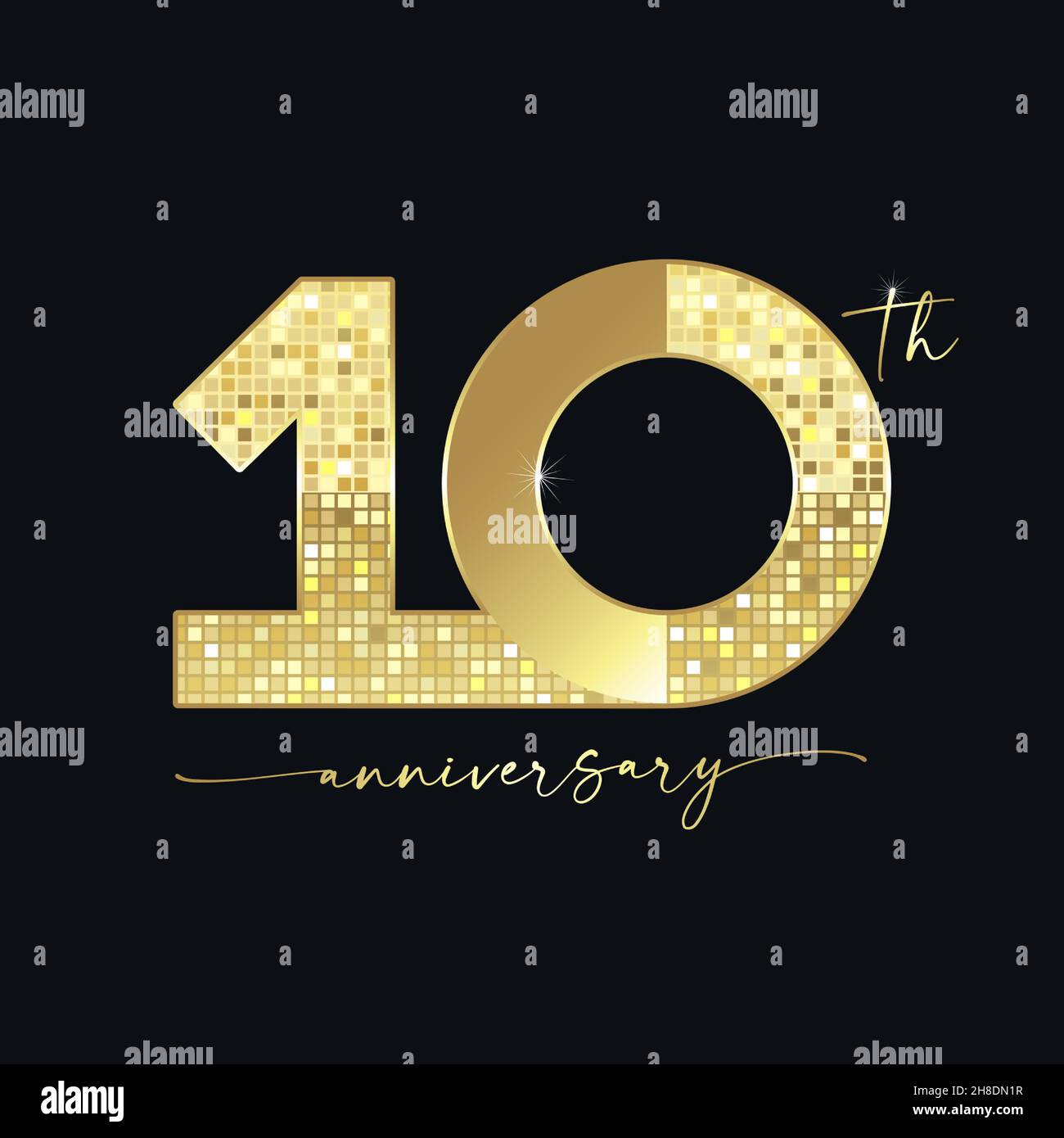 10th Jahreszahlen. 10 Jahre altes Logo-Konzept. Isolierte abstrakte Grafik-Design-Vorlage. Luxuriöse glänzende 1 und 0 Ziffern. Goldenes Pixel bg mit Stock Vektor
