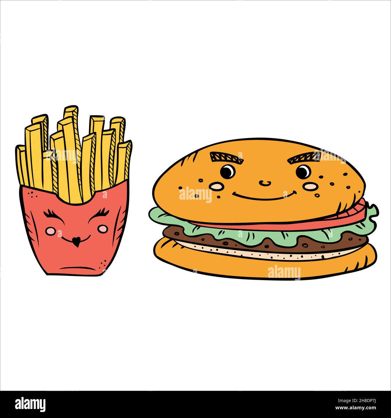 Valentinstag Flyer, Postkarte, Aufkleber mit niedlichen pommes Frites Burger. Stock Vektor