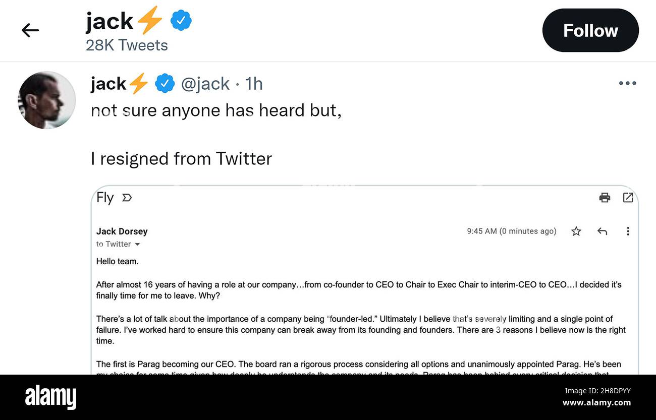 29th. November 2021. Mitgründer von Twitter Jack Dorsey tritt nach 16 Jahren im Unternehmen als CEO zurück. Die Ankündigung, angemessen, auf seinem Twitter-Feed Credit: Phil Robinson/Alamy Live News Stockfoto