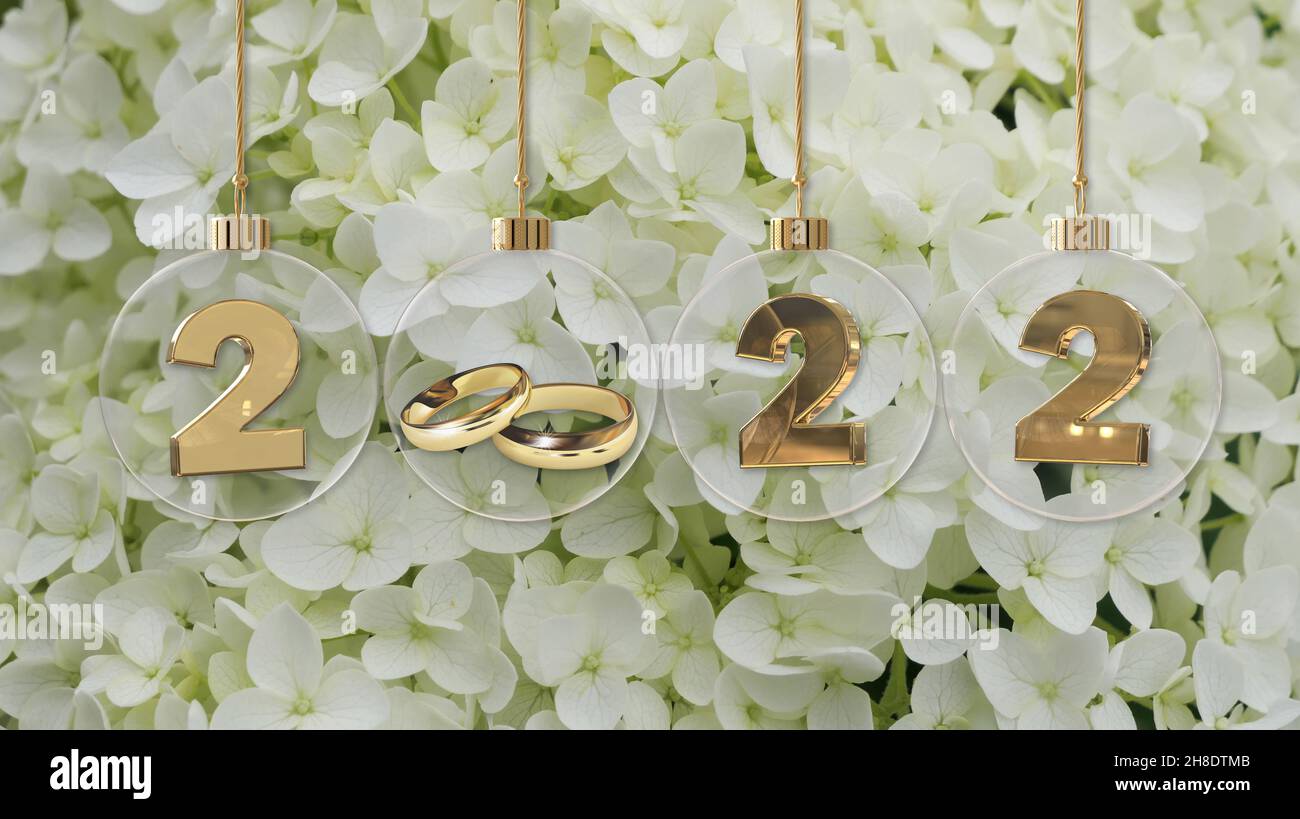 Weiße Hochzeit goldene Ringe in transparentem Glas weihnachtskugel 2022 Ziffern auf weißem Hortensienblüten Hintergrund Stockfoto