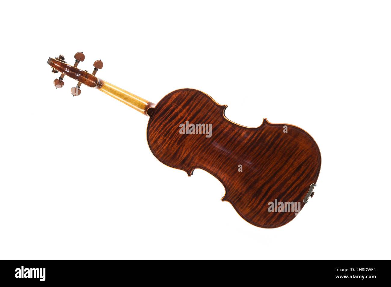 Viola von hinten mit Holzmaserung, Streichmusikinstrument aus der Familie der Gamben, verwendet in Streichquartett, Kammermusik und Sinfonieorbrust Stockfoto