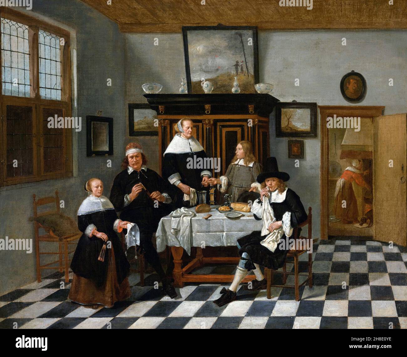 Family Group in an Interior von dem niederländischen Barockkünstler Quirijn Gerritsz van Brekelenkam (1622/29-1669/79), Öl auf Leinwand, c. 1658-60 Stockfoto