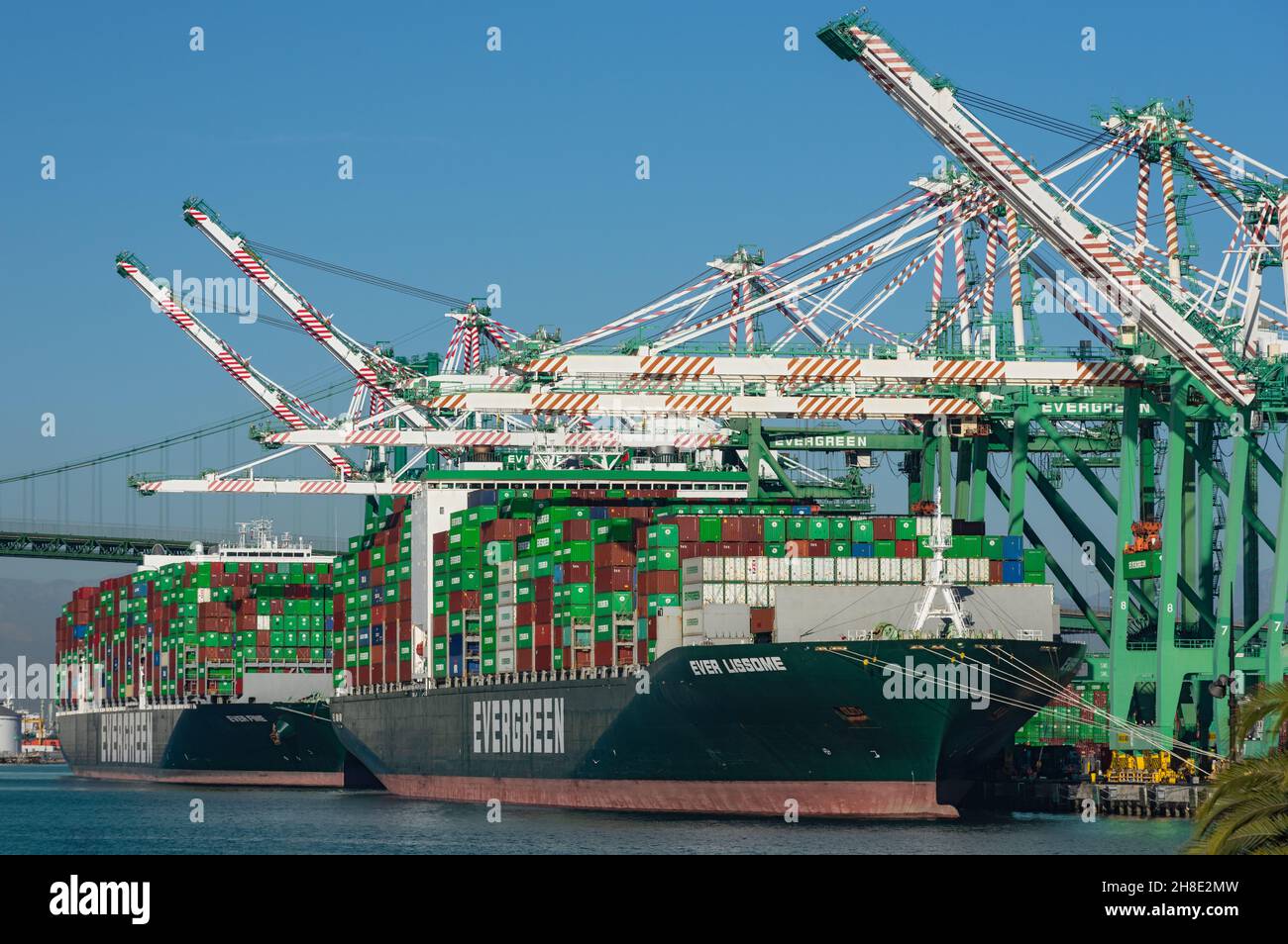 Die Containerschiffe der Evergreen Marine Corporation wurden im Hafen von Los Angeles, Kalifornien, beladen und entladen. Stockfoto