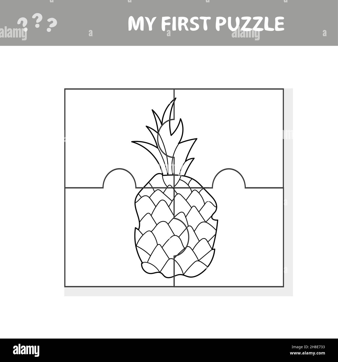 Puzzle. Teile von Ananas. Pädagogisches Kinderspiel, druckbares Arbeitsblatt, Vektor-Illustration für Kinder. Meine erste Puzzle- und Malseite Stock Vektor